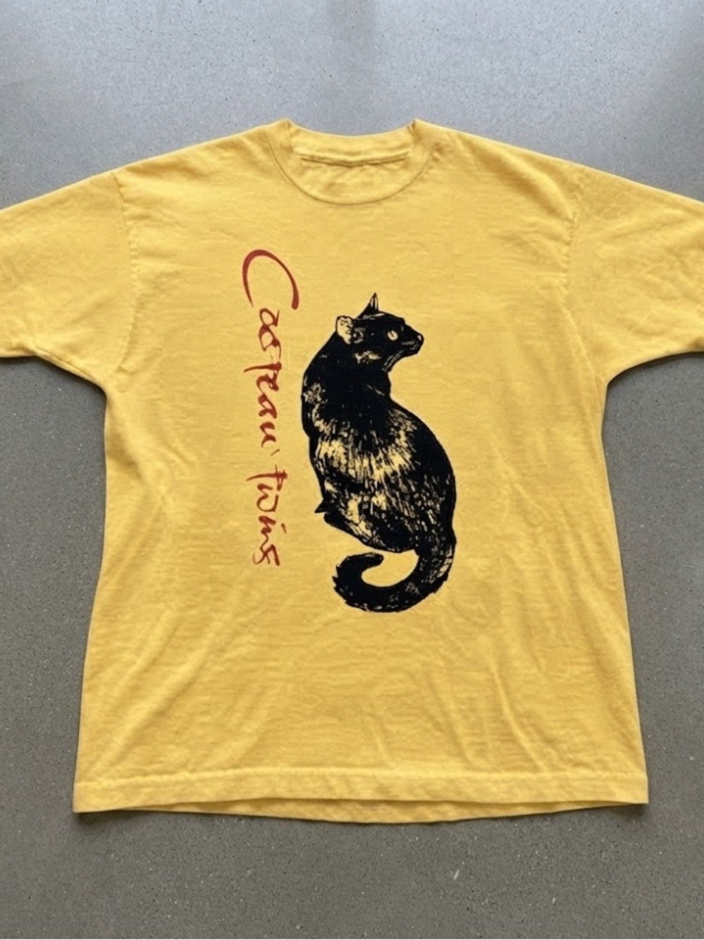 Gildan Yellow Tee with Black Cat Graphic and Red Script